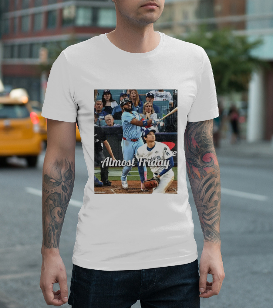 Vladimir Guerrero Jr. Toronto Blue Jays Almost Friday MLB Baseball Action T-Shirt