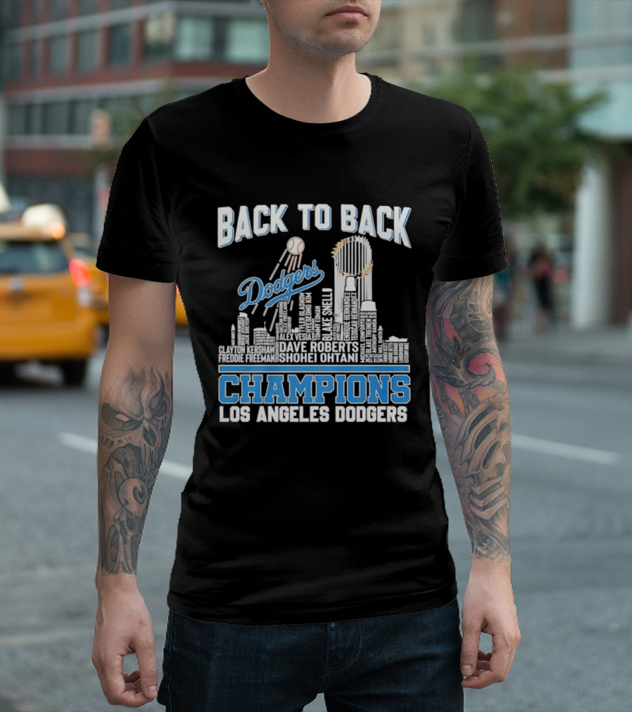 Back To Back Champions Dodgers Trophy Los Angeles Skyline T-Shirt