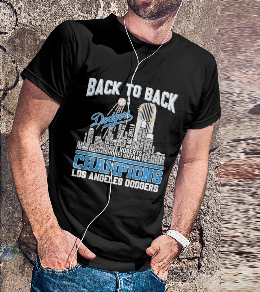 Back To Back Champions Dodgers Trophy Los Angeles Skyline T-Shirt