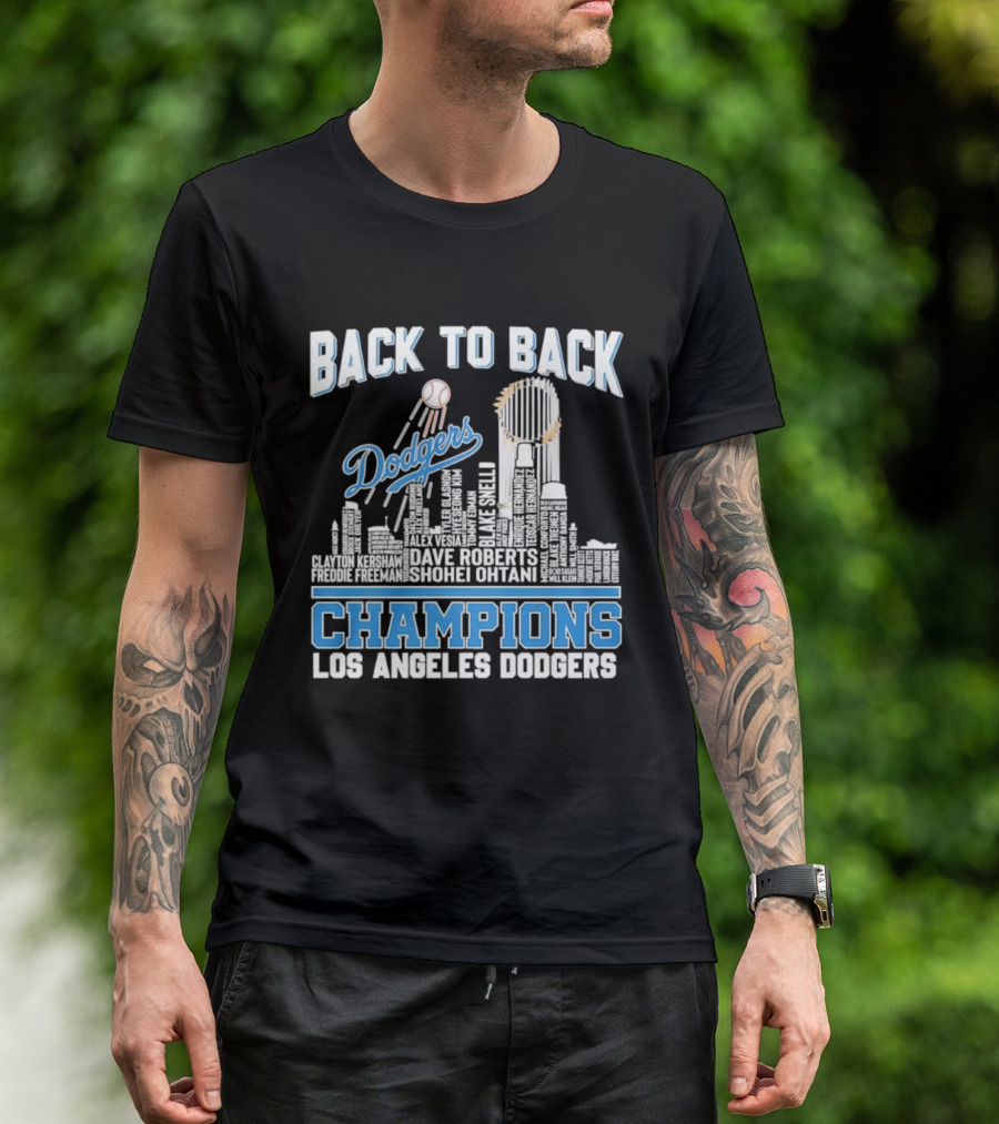 Back To Back Champions Dodgers Trophy Los Angeles Skyline T-Shirt