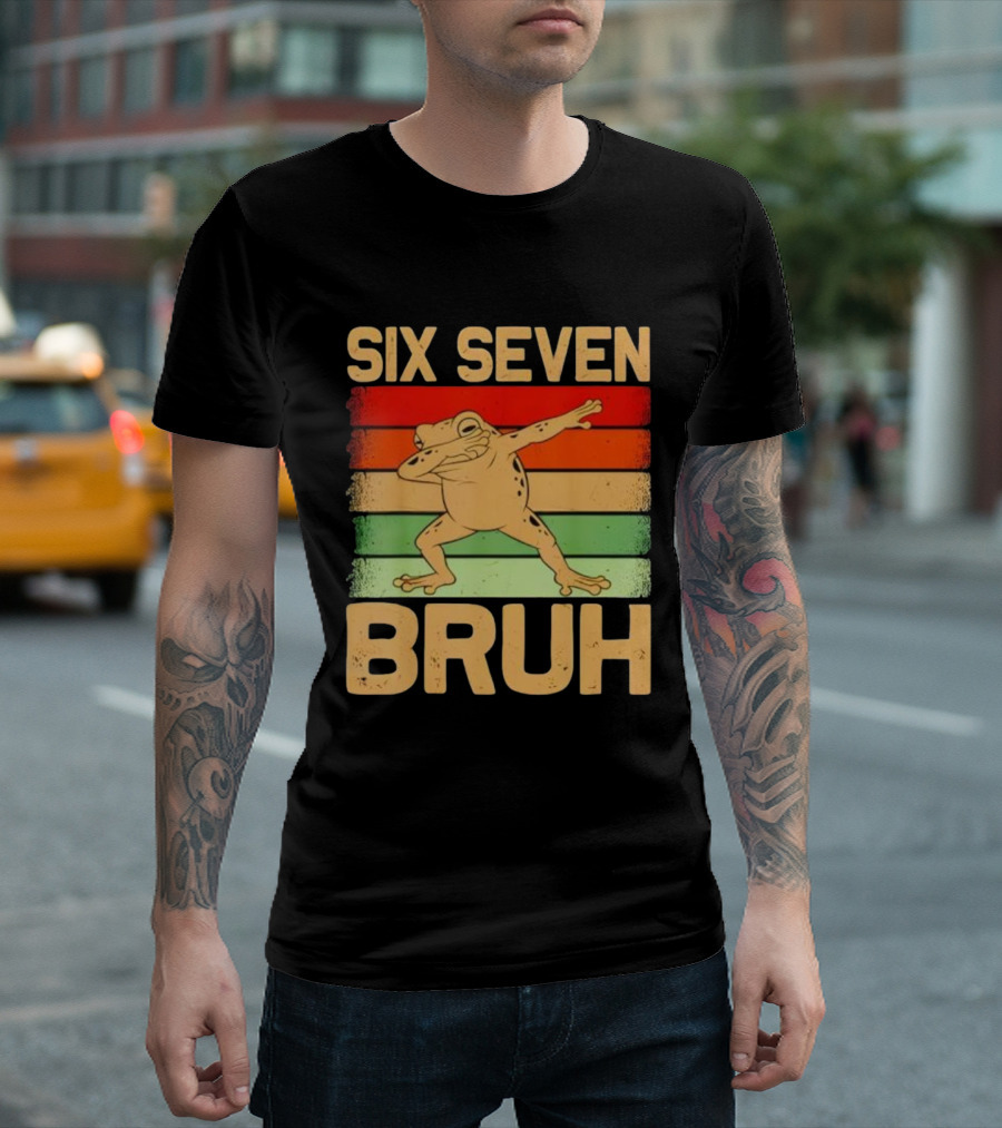 Six Seven Bruh Dab Frog Retro Stripes T-Shirt