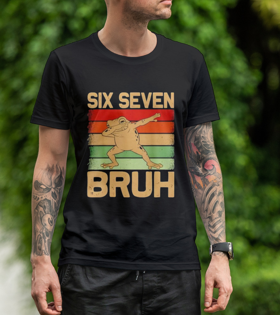 Six Seven Bruh Dab Frog Retro Stripes T-Shirt