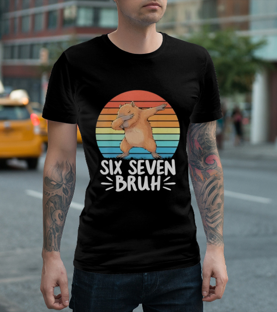 67 Meme Capybara Dabbing Six Seven Bruh Rainbow Retro T-Shirt
