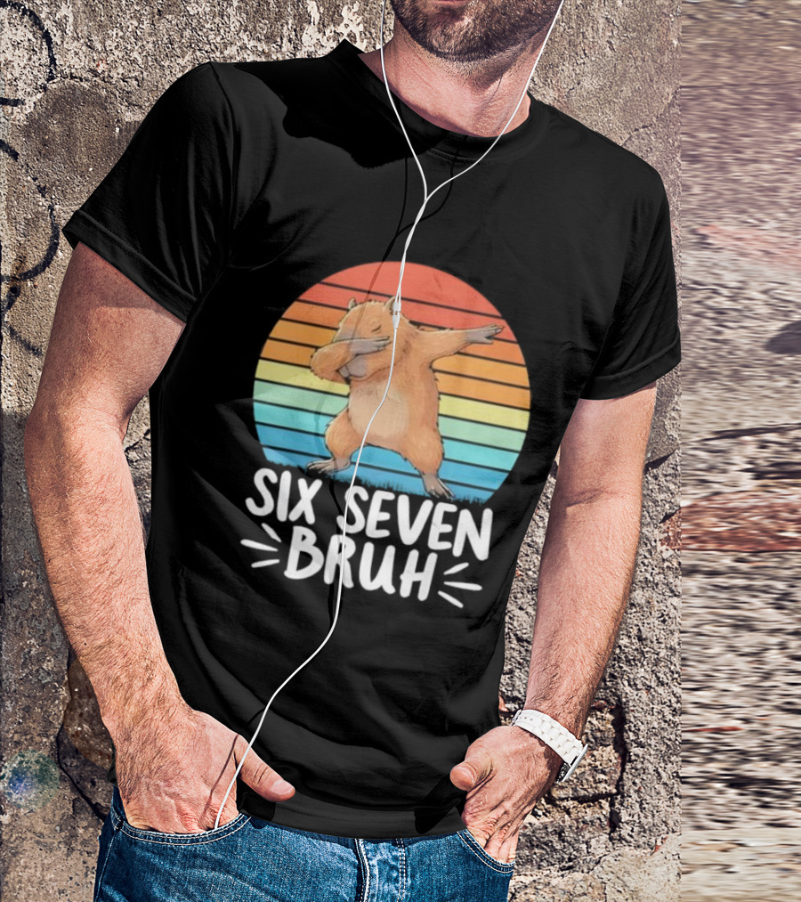 67 Meme Capybara Dabbing Six Seven Bruh Rainbow Retro T-Shirt