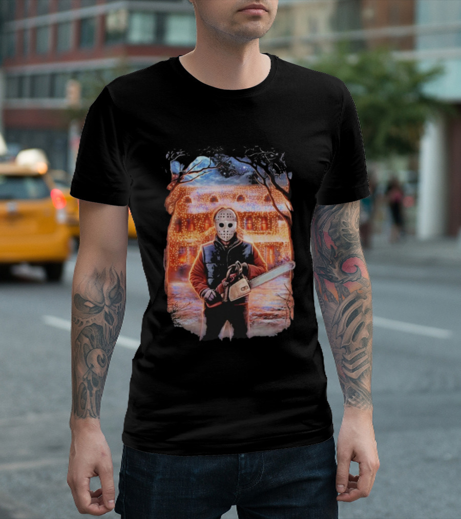 Clark’s Revenge Chainsaw Christmas Lights Hockey Mask Retro Horror Holiday T-Shirt