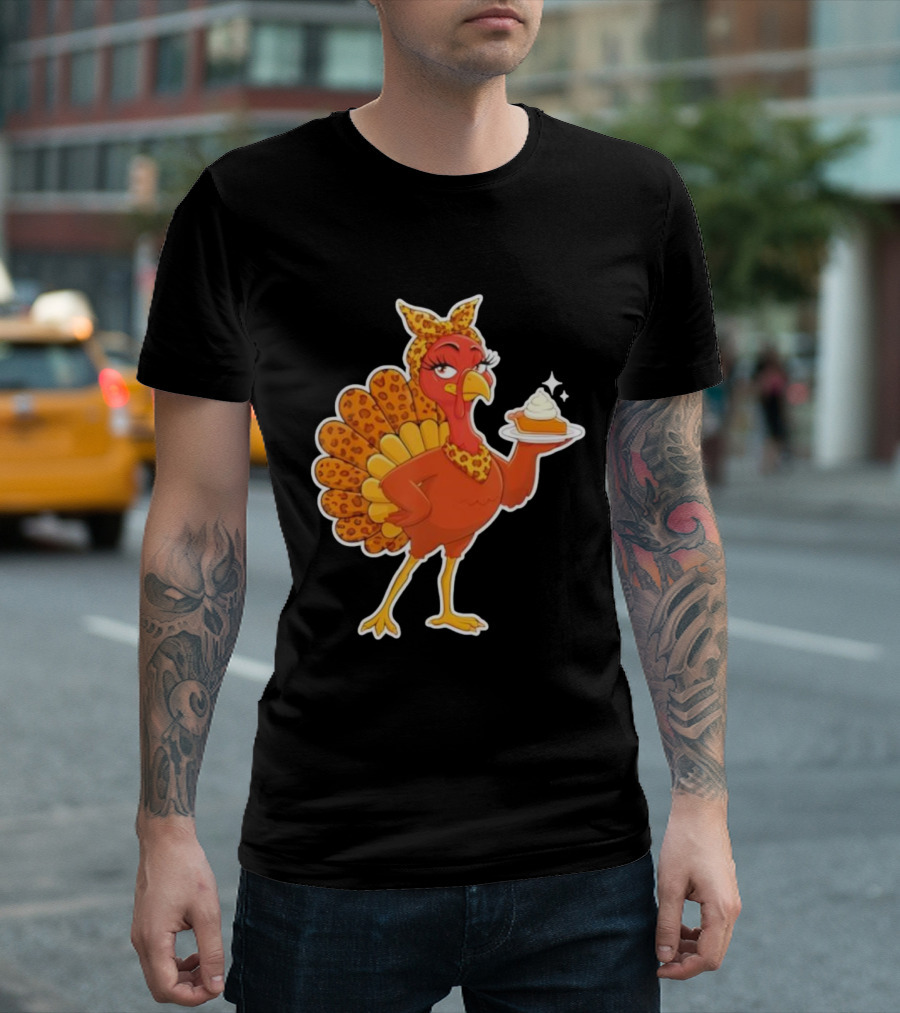 Leopard Print Turkey With Pumpkin Pie Thanksgiving T-Shirt