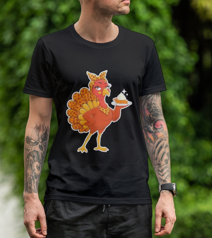 Leopard Print Turkey With Pumpkin Pie Thanksgiving T-Shirt