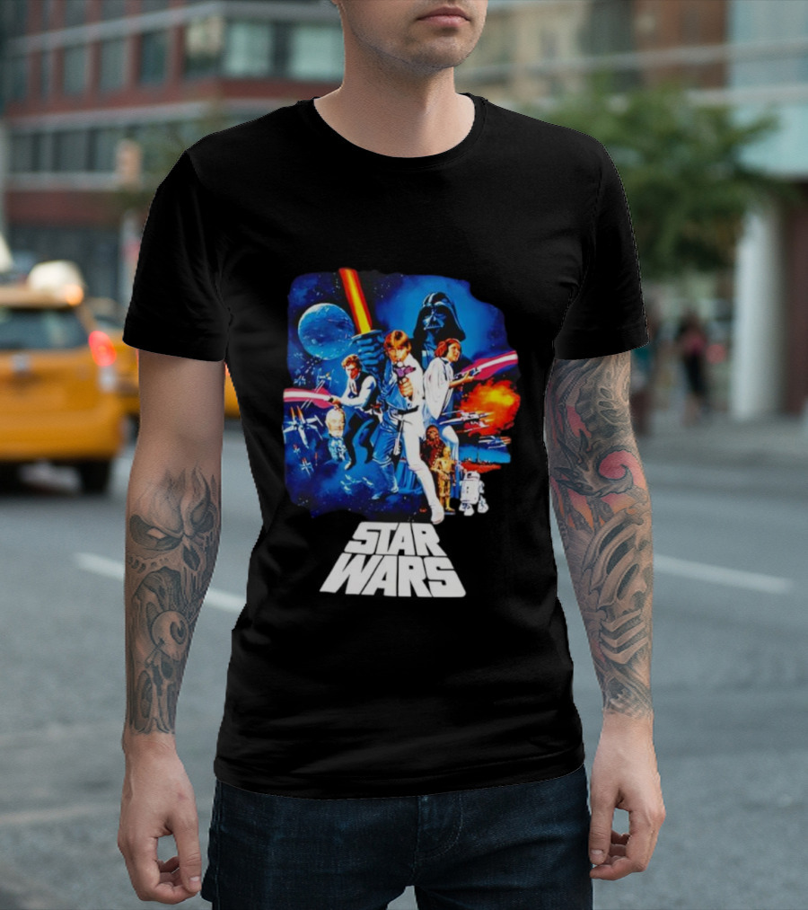 Star Wars New Hope Retro Darth Vader Luke Skywalker Leia Han Solo Chewbacca R2-D2 C-3PO Vintage Galactic Battle Scene T-Shirt