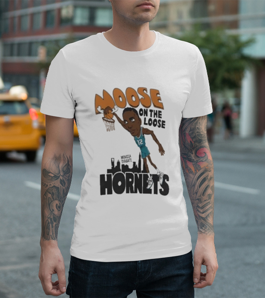 Moose On The Loose Hornets Moussa Diabate Caricature Dunk T-Shirt