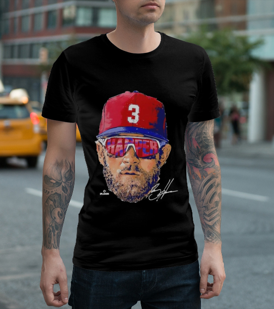 Philadelphia Phillies Bryce Harper Signature Head 3 Cap Sunglasses T-Shirt