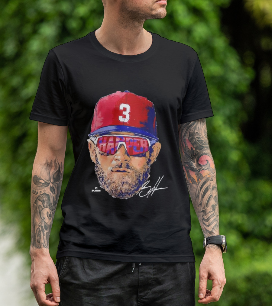 Philadelphia Phillies Bryce Harper Signature Head 3 Cap Sunglasses T-Shirt
