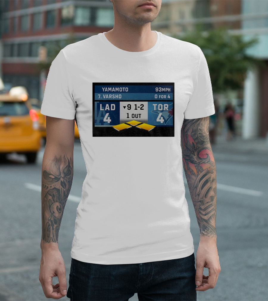 Los Angeles Dodgers Vs Toronto Blue Jays Bottom Of 9th Inning Score Tied 4-4 With Pitcher Yamamoto And Batter Varsho T-Shirt