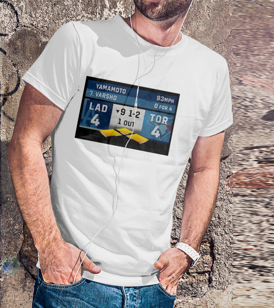 Los Angeles Dodgers Vs Toronto Blue Jays Bottom Of 9th Inning Score Tied 4-4 With Pitcher Yamamoto And Batter Varsho T-Shirt