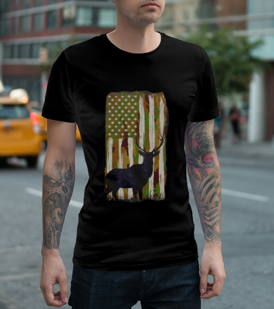 Camo Buck American Flag Camouflage Silhouette T-Shirt