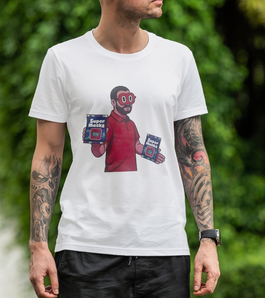 Super Masks Red Character Holding Packages With Eye Mask T-Shirt