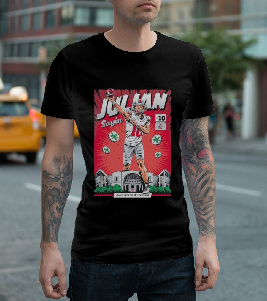 Julian Sayin Ohio State Buckeyes Number 10 Comic Superheroes Stadium T-Shirt