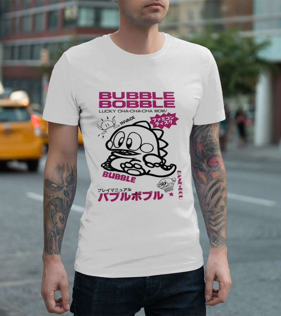 Bubble Bobble Japanese Lucky Cha Cha Cha Wow 80s Invade Vintage T-Shirt