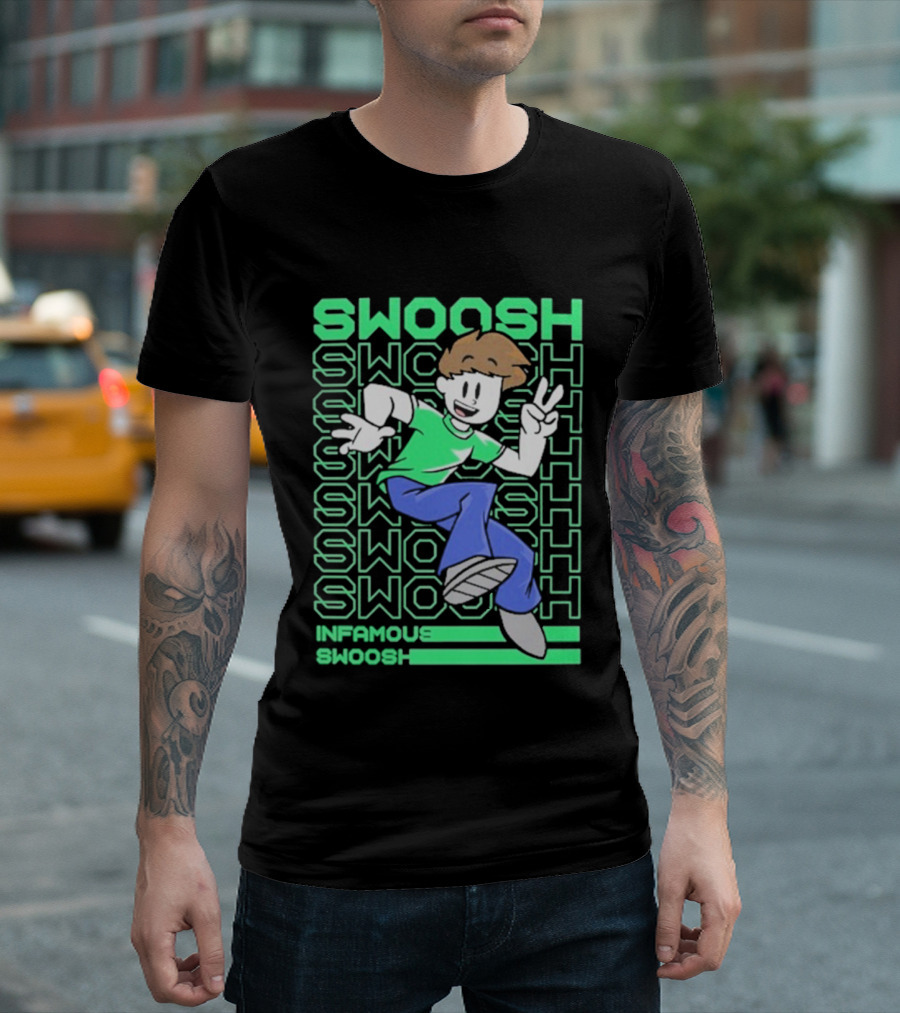 Infamous Swoosh Repeated Cartoon Character Peace Gesture Bright Colors T-Shirt