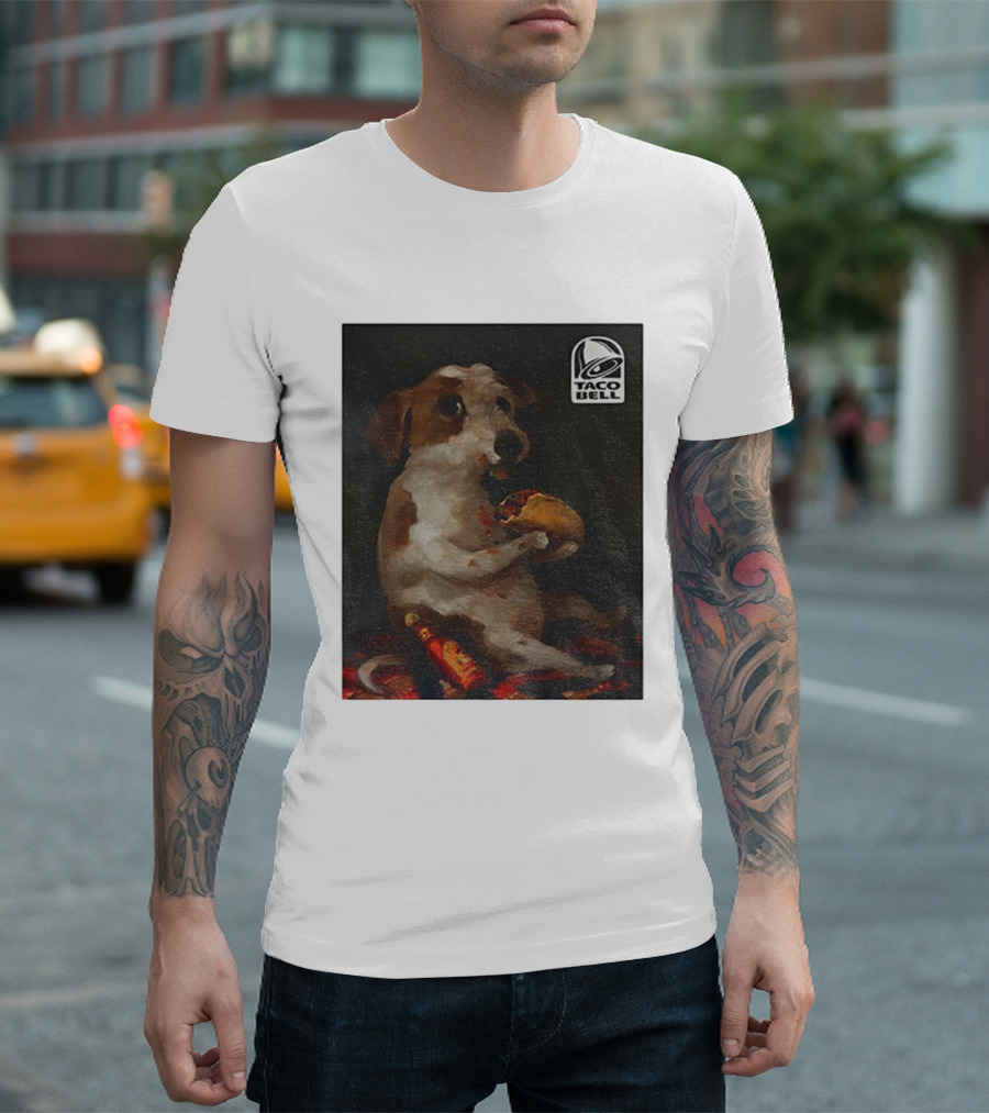 Dog With Taco Bell Burrito And Hot Sauce Funny Meme T-Shirt