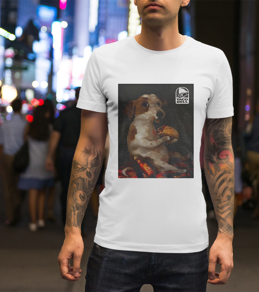 Dog With Taco Bell Burrito And Hot Sauce Funny Meme T-Shirt