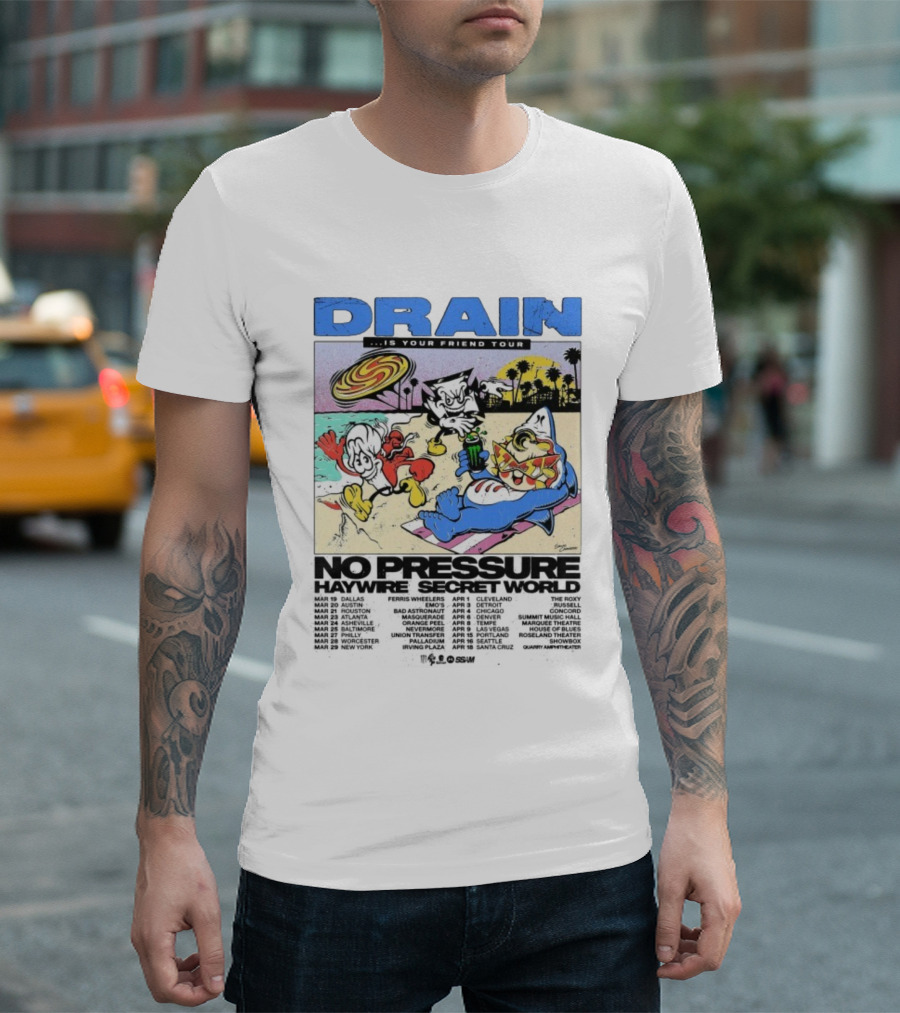 Drain Is Your Friend Tour 2026 No Pressure Haywire Secret World Beach Scene Vintage Style T-Shirt