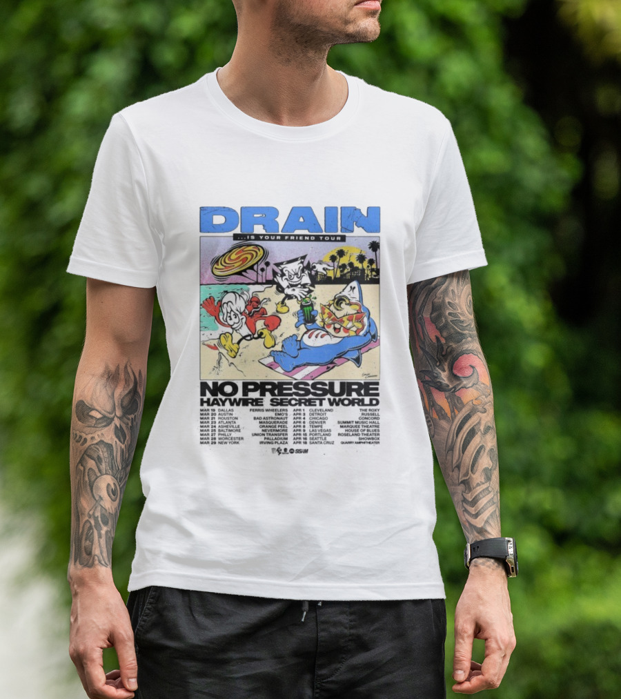 Drain Is Your Friend Tour 2026 No Pressure Haywire Secret World Beach Scene Vintage Style T-Shirt