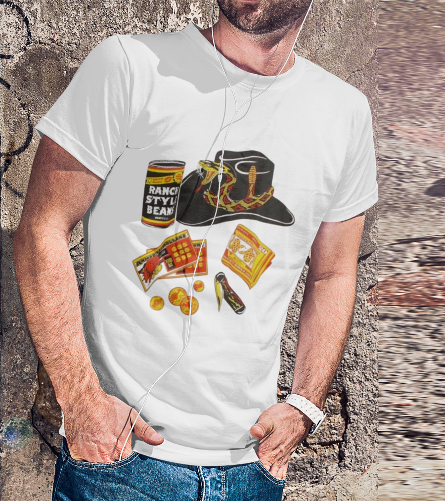 Ranch Style Beans Can Rattlesnake Cowboy Hat Texas Symbols Imagery T-Shirt
