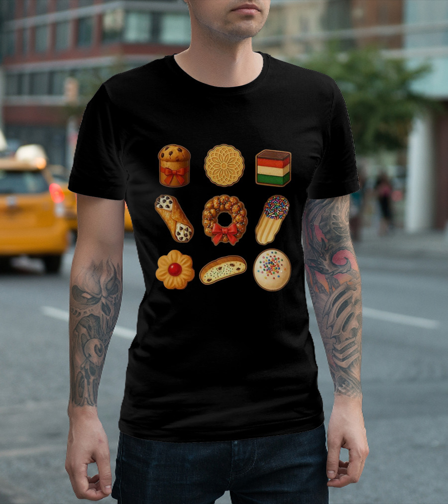 Festive Italian Cookie Variety Featuring Pandoro Biscotti Cannoli Bow Sprinkles T-Shirt