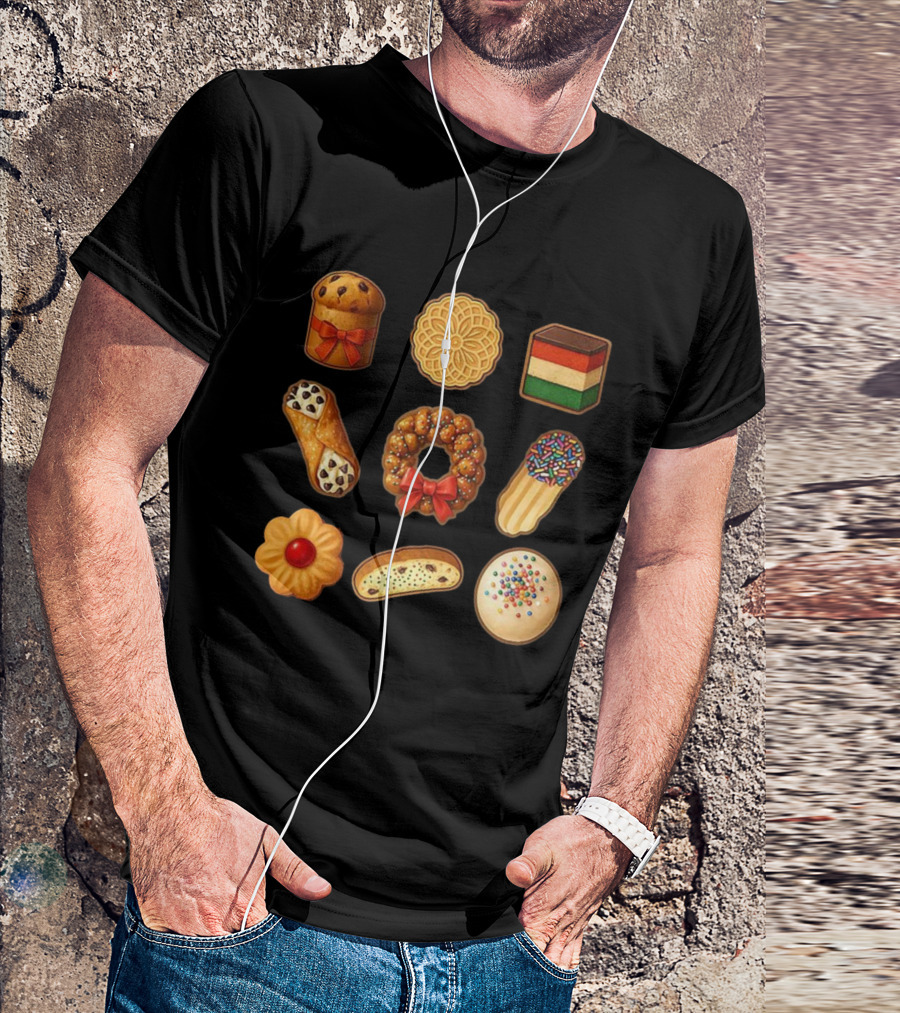 Festive Italian Cookie Variety Featuring Pandoro Biscotti Cannoli Bow Sprinkles T-Shirt