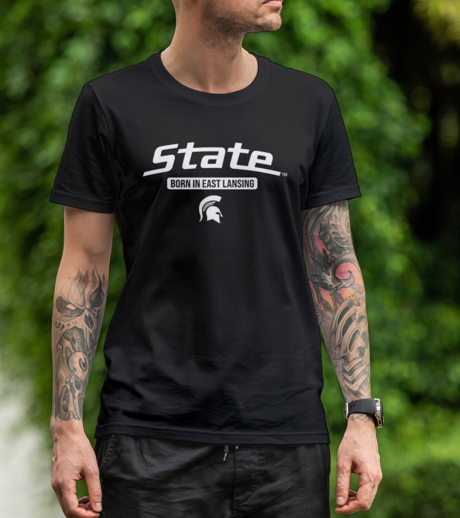 State Born In East Lansing Michigan Spartan Helmet Logo T-Shirt