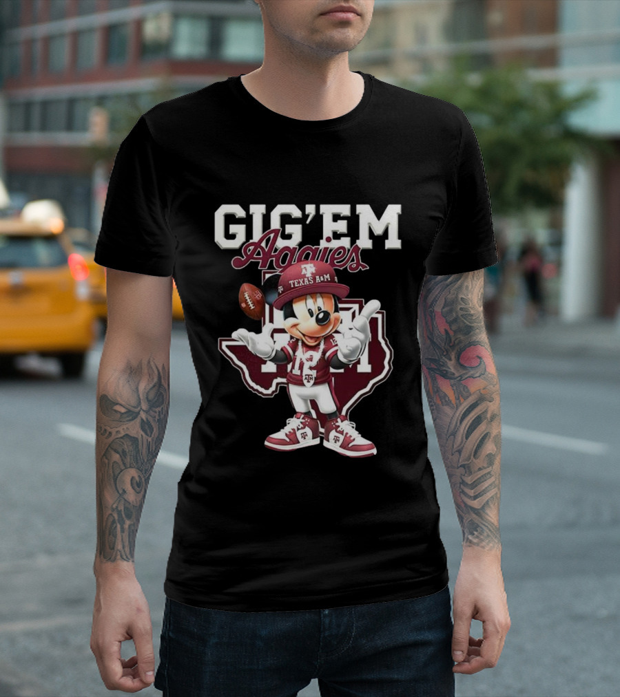 Gig’em Aggies Texas A&M Mickey Mouse Football Map T-Shirt
