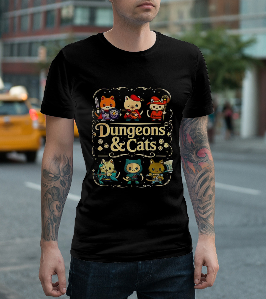 Dungeons & Cats Fantasy Feline Warriors Adventure T-Shirt