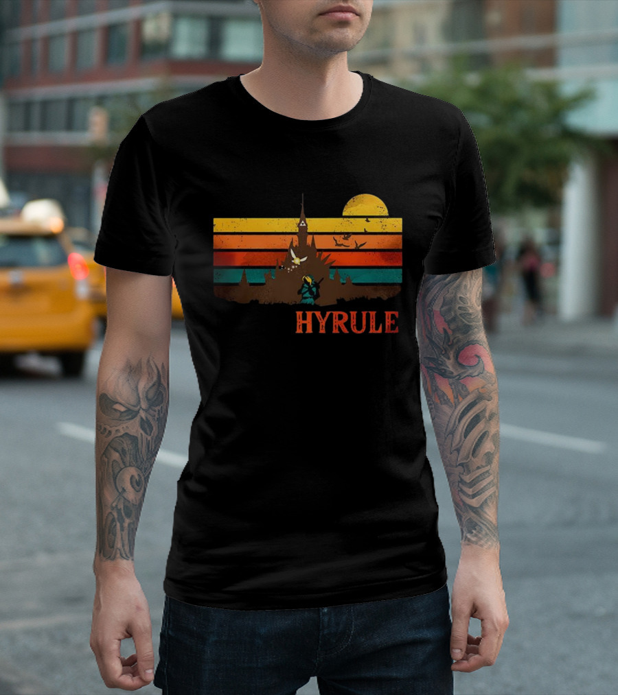 Hyrule Land Of The Gods Vintage Retro Sunset Castle And Hero Silhouette T-Shirt