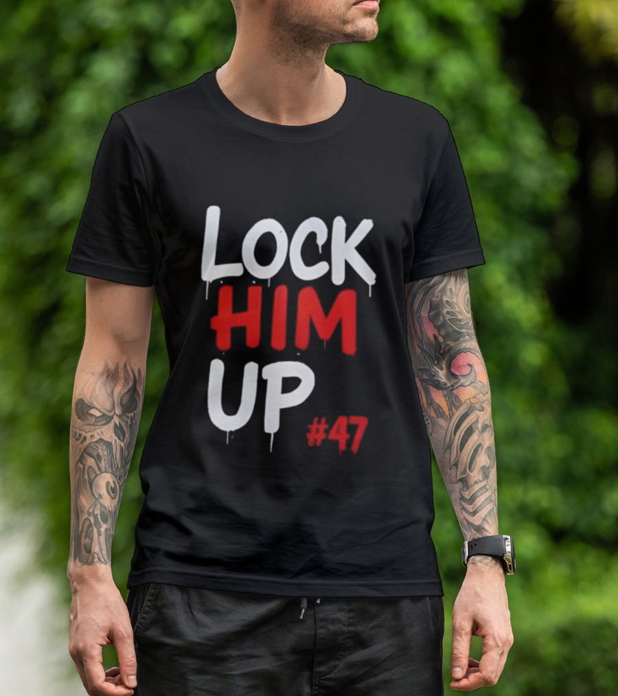 LOCK HIM UP #47 Bold White Red Drip Text T-Shirt