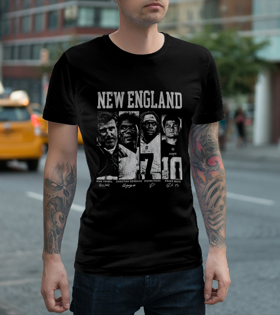 New England Mike Vrabel Christian Gonzalez Stefon Diggs Drake Maye NFL Football Signatures T-Shirt