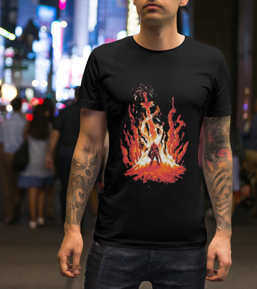 Dark Souls Trial By Fire Warrior Surrounded By Flames Iconic Gaming Imagery T-Shirt