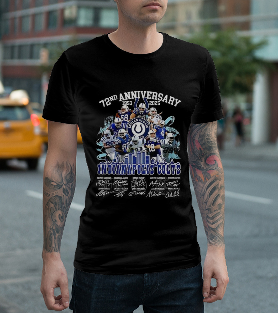 Indianapolis Colts 72nd Anniversary 1953-2025 Signature Players And Skyline T-Shirt