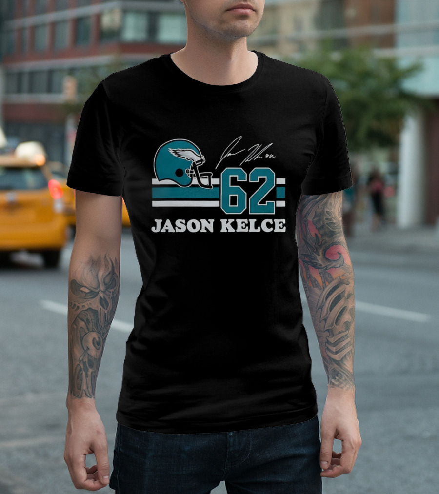 Jason Kelce Philadelphia Eagles NFL Helmet Number 62 Signature T-Shirt
