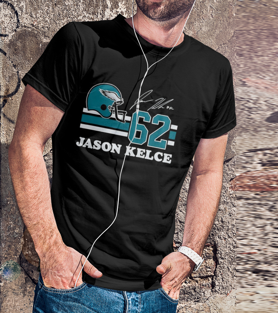 Jason Kelce Philadelphia Eagles NFL Helmet Number 62 Signature T-Shirt