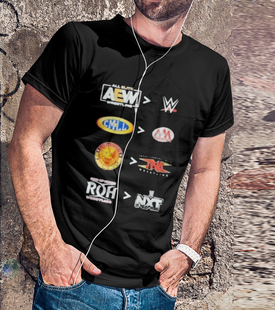 AEW Vs WWE CMLL Vs AAA NJPW Vs TNA ROH Vs NXT Wrestling Logos T-Shirt