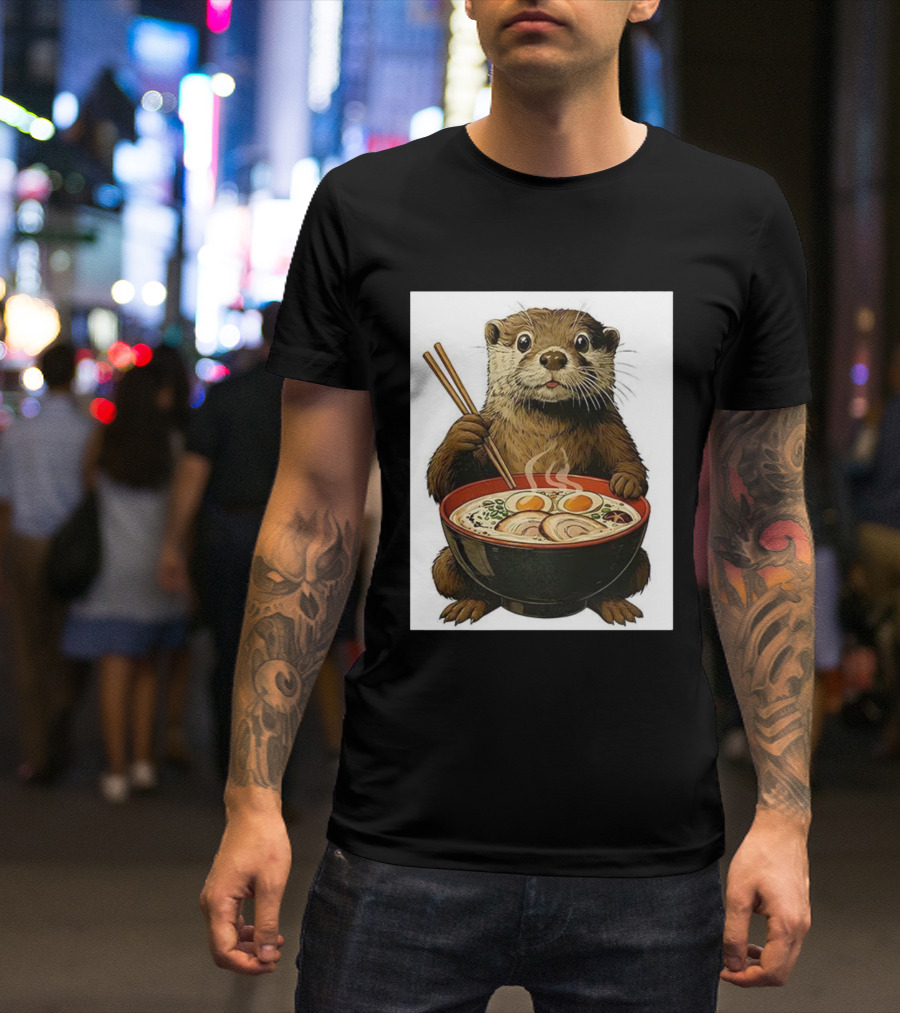 Cute Otter Enjoying Steaming Ramen With Chopsticks Illustration T-Shirt