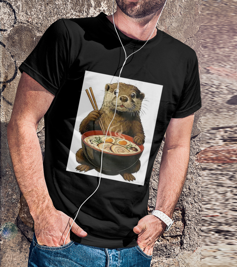 Cute Otter Enjoying Steaming Ramen With Chopsticks Illustration T-Shirt