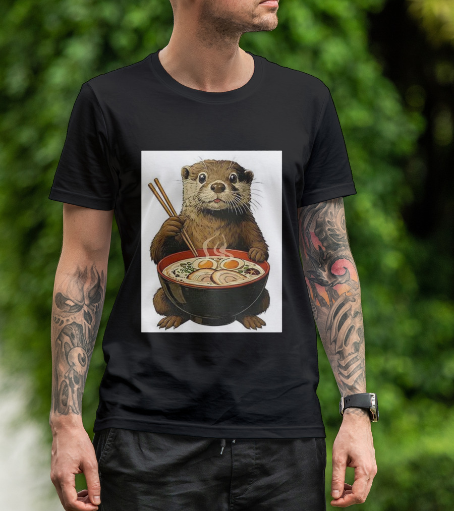 Cute Otter Enjoying Steaming Ramen With Chopsticks Illustration T-Shirt