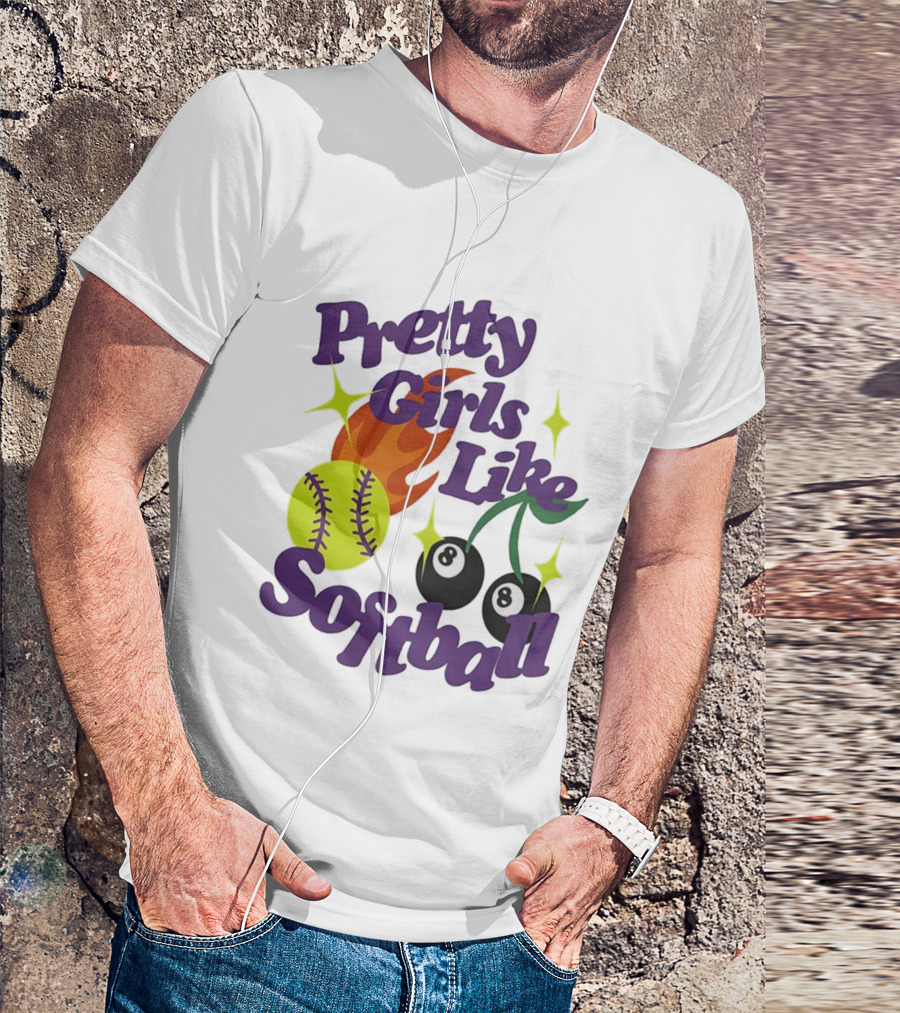 Pretty Girls Like Softball Flaming Ball And Billiard Cherry T-Shirt
