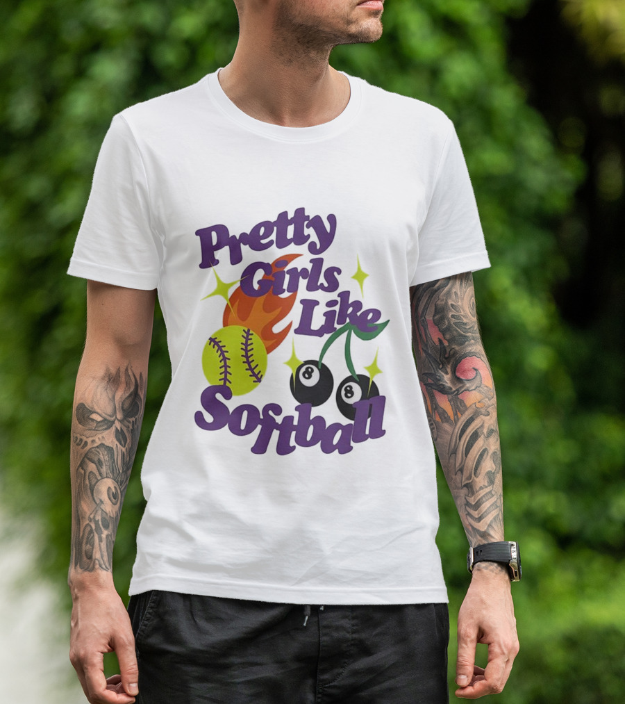 Pretty Girls Like Softball Flaming Ball And Billiard Cherry T-Shirt