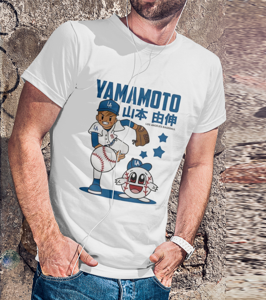Yamamoto Los Angeles Dodgers Cartoon With Baseball Character And Stars T-Shirt