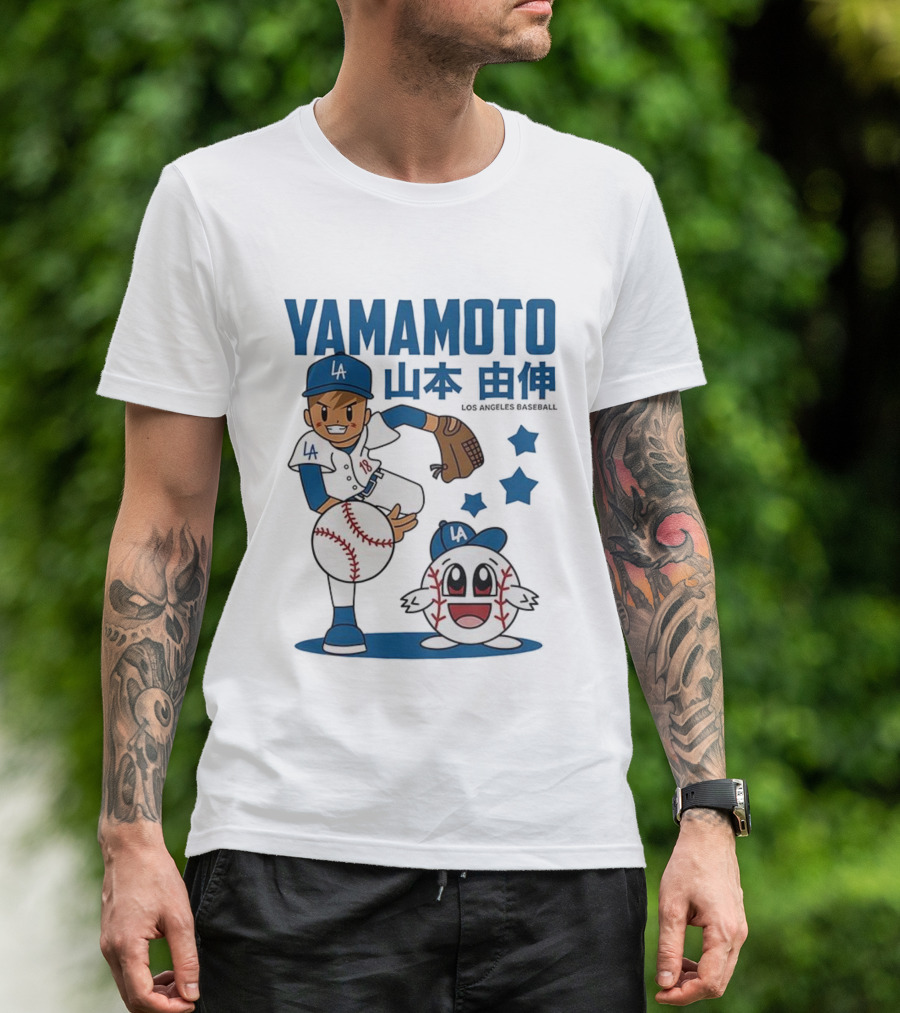 Yamamoto Los Angeles Dodgers Cartoon With Baseball Character And Stars T-Shirt