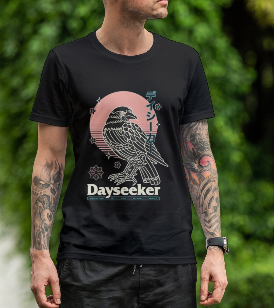Dayseeker Creature In The Black Night Raven With Japanese Text And Sakura Motif T-Shirt