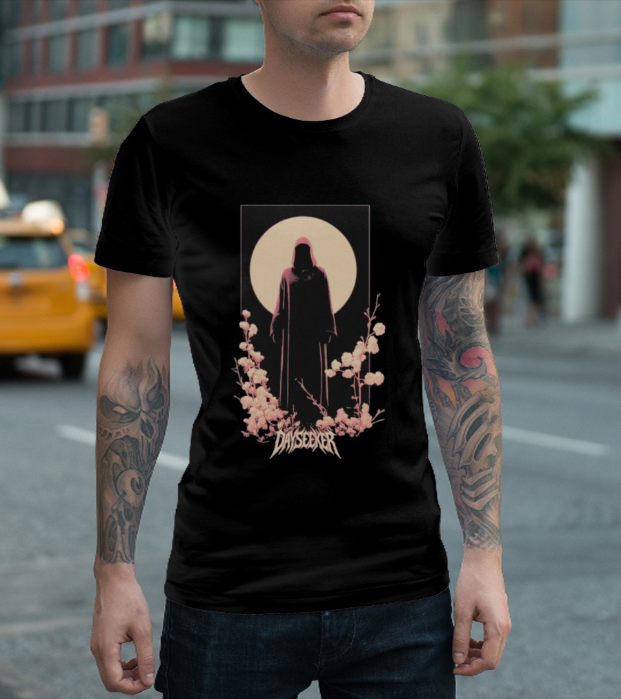Dayseeker The Living Dead Hooded Figure with Full Moon and Flowers T-Shirt