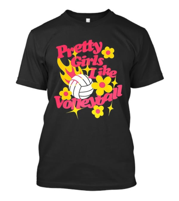Pretty Girls Like Volleyball Flowers Yellow Pink Volleyball Floral Design T-Shirt
